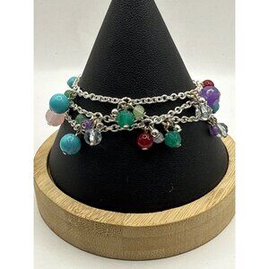 Multi Color Beaded Charm Bracelet Toggle Clasp Silver Tone Chain